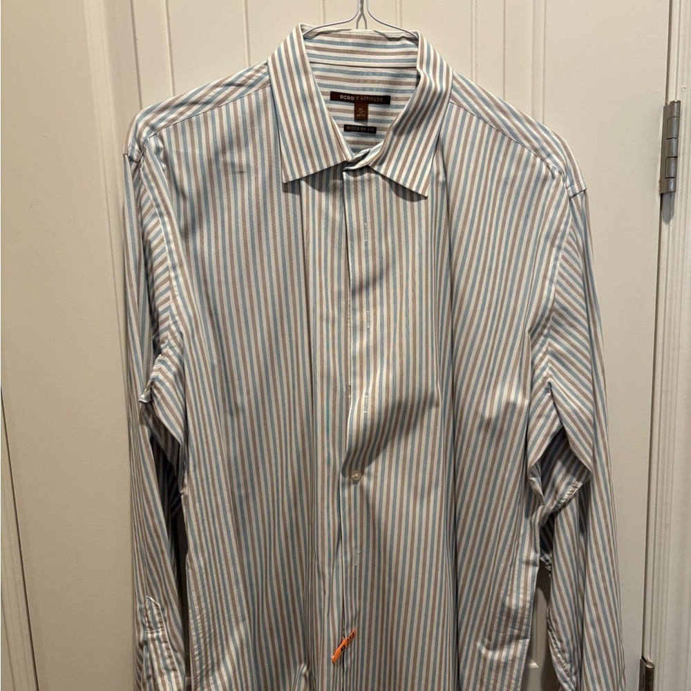 BCBG Blue and White Striped Dress Shirt